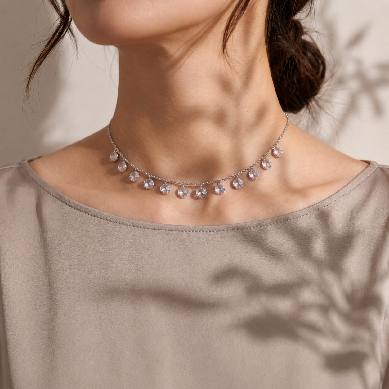Model wearing Crystal Charm Drop Necklace