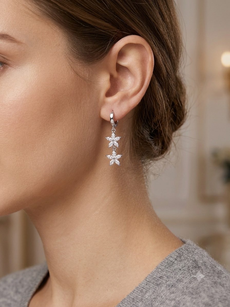 Model wearing Mili Essentials Dainty Flower Drop earrings